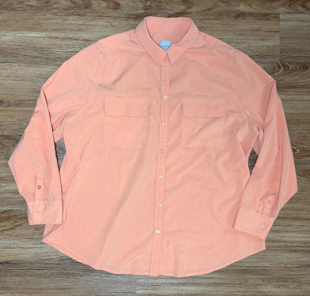 Chico's Size 3 Peach Peach Long Sleeve Button Front Shirt Solid Collared XL
